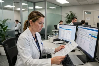 Administratrice hospitalière analysant des documents de conformité sur la protection des données patients dans un bureau clinique moderne
