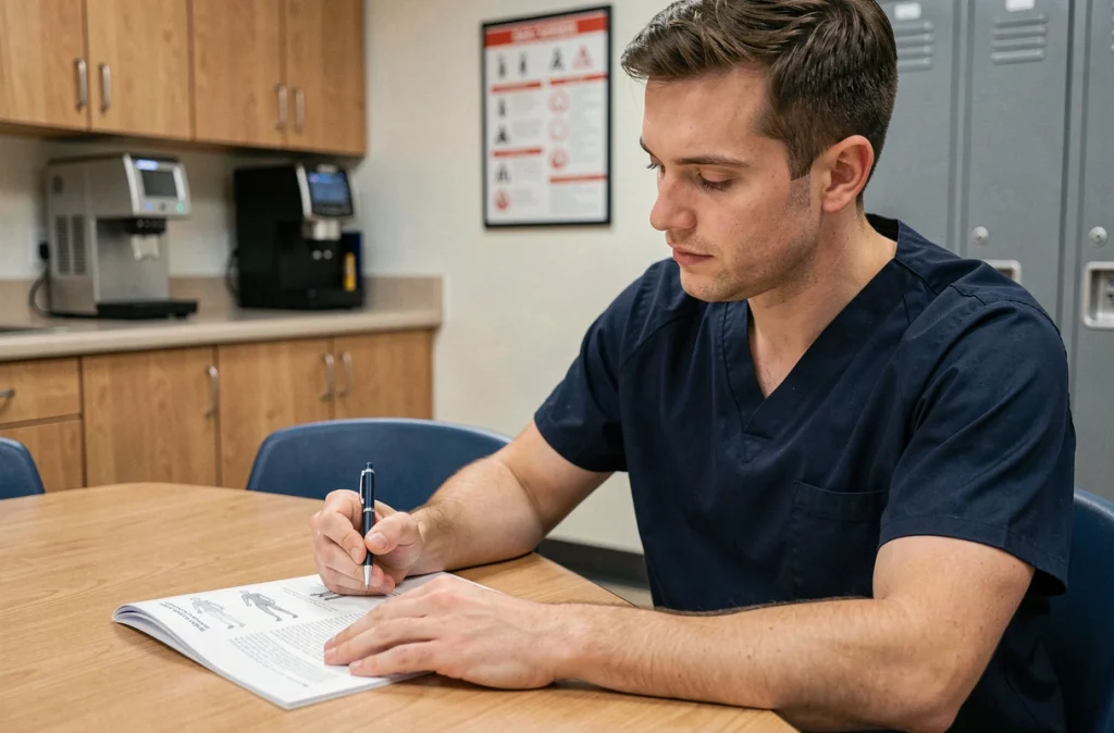 Aide-soignant consultant un guide de prévention des troubles musculo-squelettiques lors d'une pause dans la salle de repos du personnel hospitalier