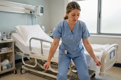 Aide-soignante démontrant une technique de levage ergonomique correcte dans une chambre d'hôpital pour prévenir les troubles musculo-squelettiques