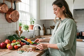 Femme enceinte préparant un repas équilibré avec des fruits et légumes frais dans une cuisine moderne