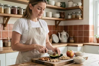 Femme préparant des aliments coupe-faim naturels comme l'avocat, les amandes et les pois chiches dans une cuisine maison authentique