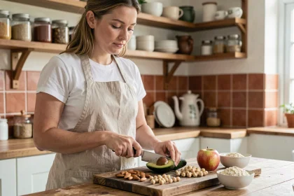 Femme préparant des aliments coupe-faim naturels comme l'avocat, les amandes et les pois chiches dans une cuisine maison authentique