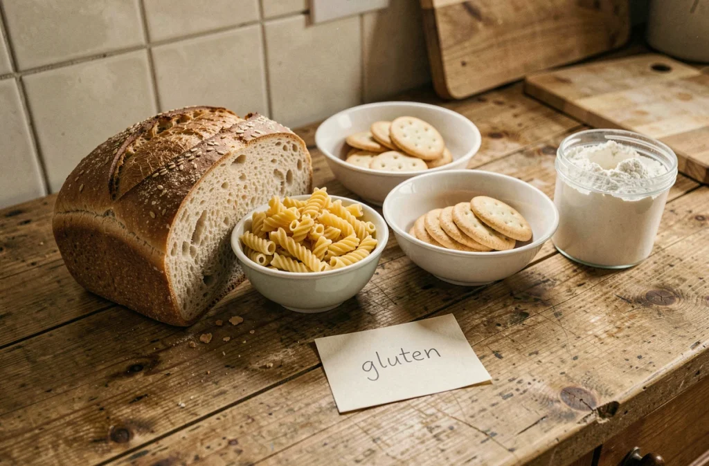 Aliments contenant du gluten à éviter en cas de maladie cœliaque, dont pain, pâtes et farine de blé