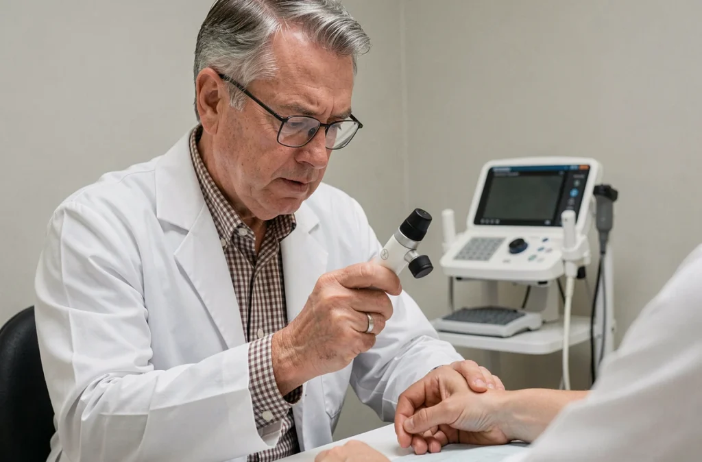 Dermatologue homme examinant la peau d'un patient avec un dermatoscope à Brest