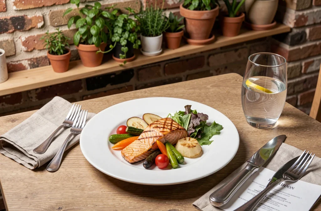 Assiette de saumon grillé et légumes vapeur, repas équilibré faible en calories dans un restaurant moderne