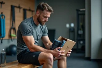 Athlète masculin lisant les caractéristiques techniques sur la boîte de bottes de récupération dans une salle de sport professionnelle