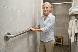 Femme âgée tenant une barre d'appui dans une salle de bain sécurisée pour prévenir les chutes