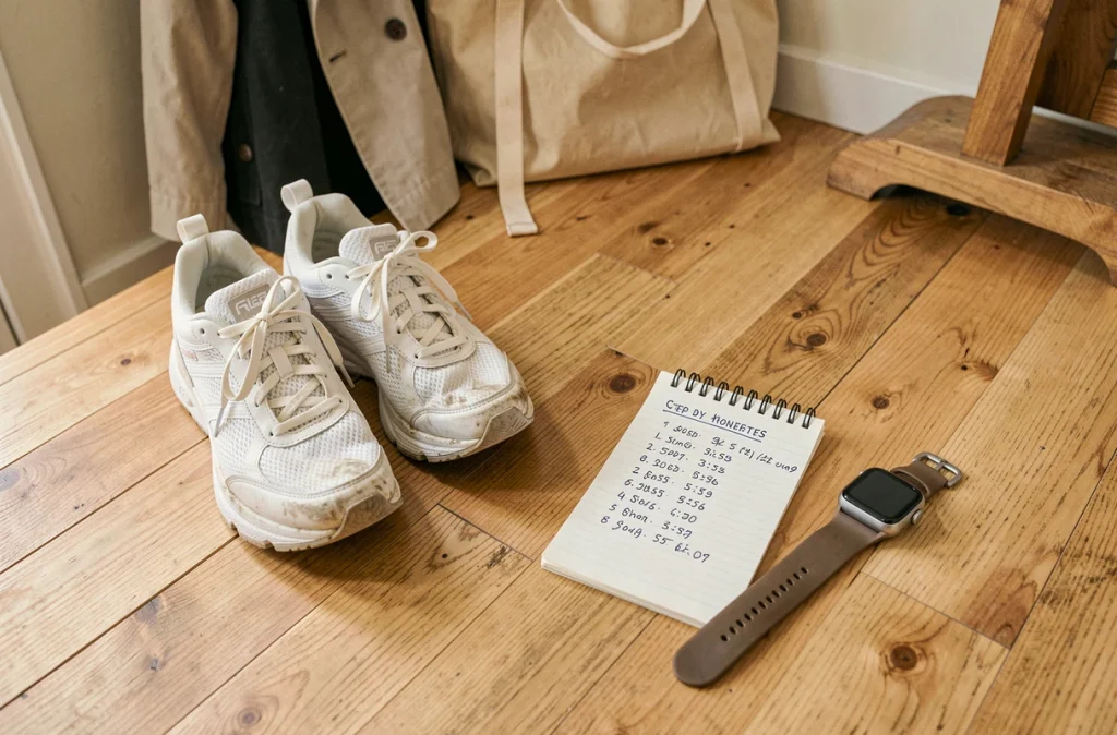 Chaussures de marche, carnet de suivi et montre connectée pour objectif de 10000 pas par jour