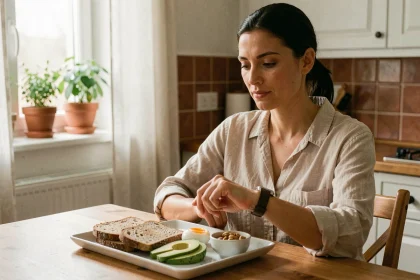 Femme consultant sa montre devant un petit-déjeuner équilibré dans le cadre de la chrononutrition