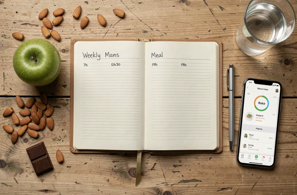Journal de planification alimentaire hebdomadaire avec créneaux horaires pour la chrononutrition