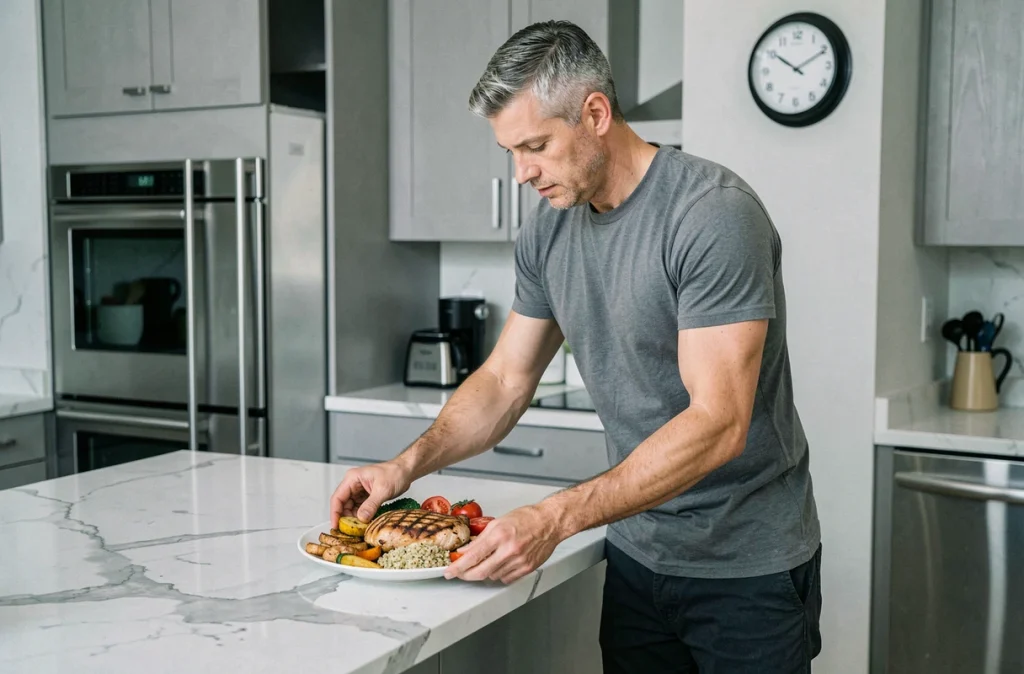 Homme préparant un repas de midi structuré selon les principes de la chrononutrition