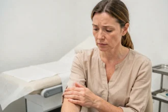 Femme examinant une cicatrice avec fils résorbables lors d'une consultation médicale