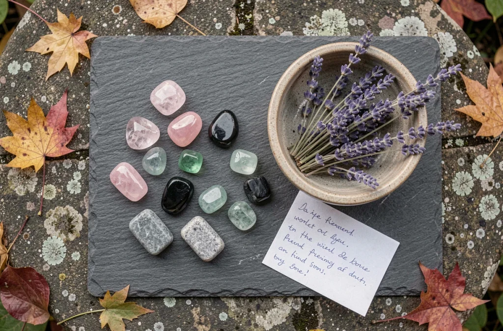 Collection de worrying stones en quartz, obsidienne et aventurine disposées sur une surface en ardoise dans un jardin