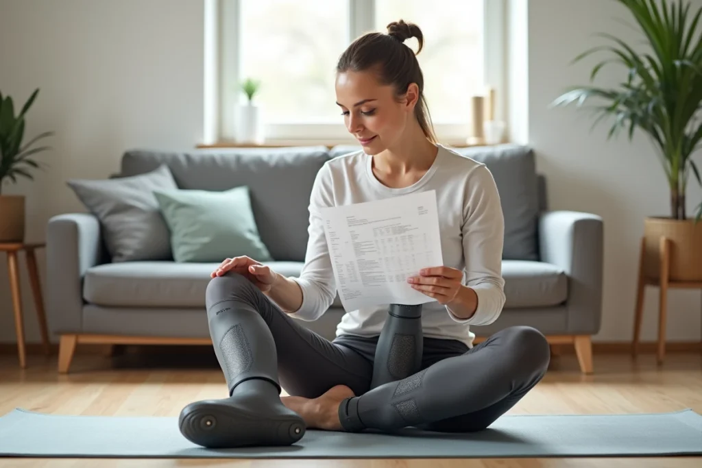 Femme comparant deux paires de bottes de récupération pneumatiques avec leur fiche technique à la maison