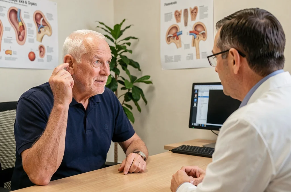 Homme de 75 ans en consultation avec un audiologiste discutant de ses problèmes d'audition dans un cabinet médical