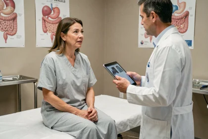 Consultation médicale entre une patiente adulte atteinte de la maladie de Crohn et un gastro-entérologue dans un cabinet clinique moderne
