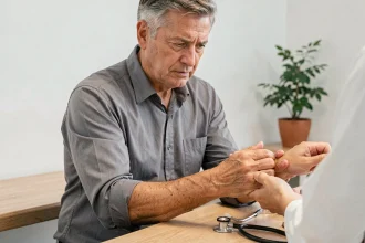 Un homme de 58 ans consulte un professionnel de santé dans un cabinet médical pour surveiller les complications du diabète de type 2