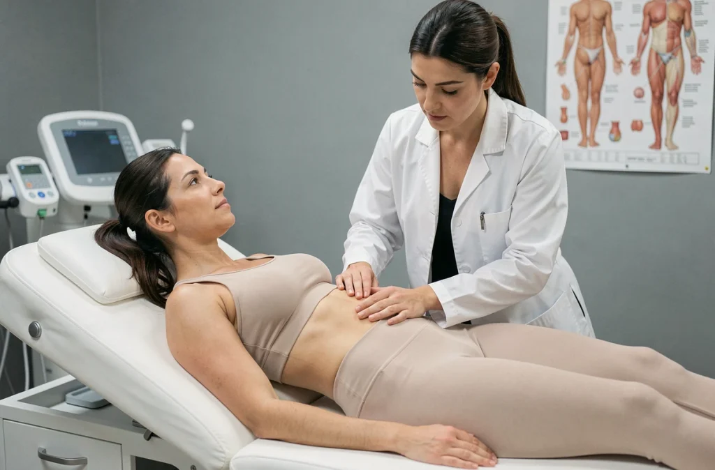 Patiente consultée par un médecin pour une douleur au côté droit sous les côtes lors d'un examen clinique
