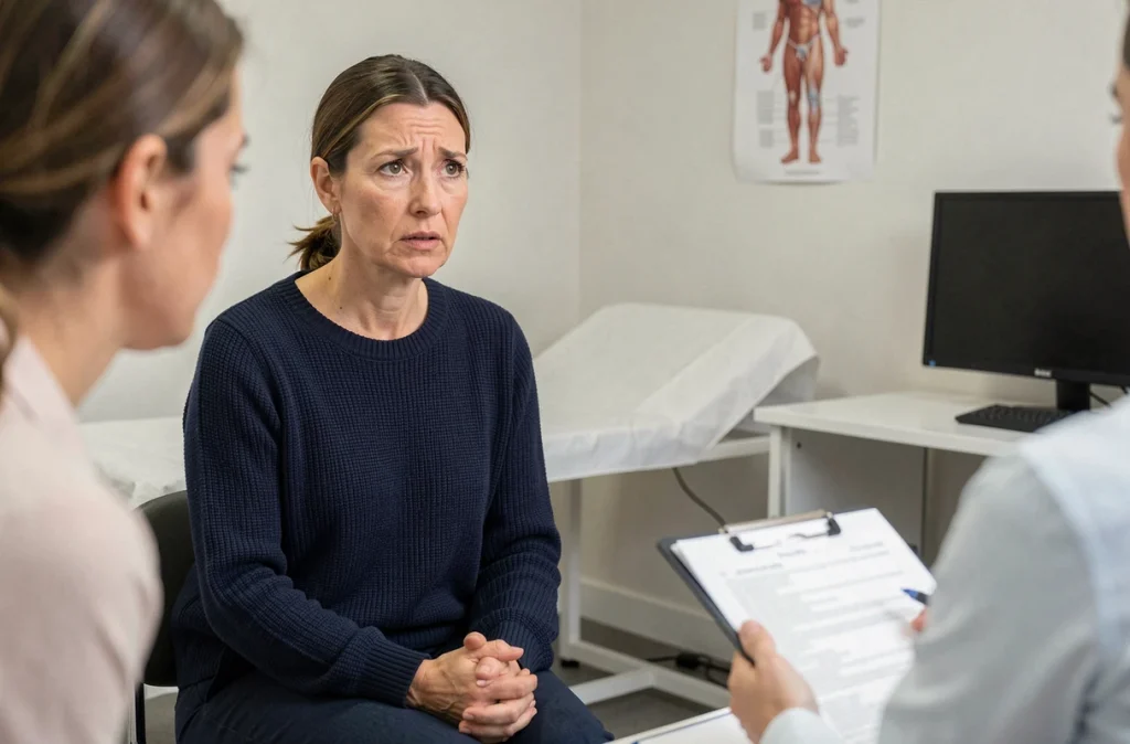 Femme atteinte de fibromyalgie en consultation médicale avec son médecin, exprimant de l'inquiétude face au diagnostic
