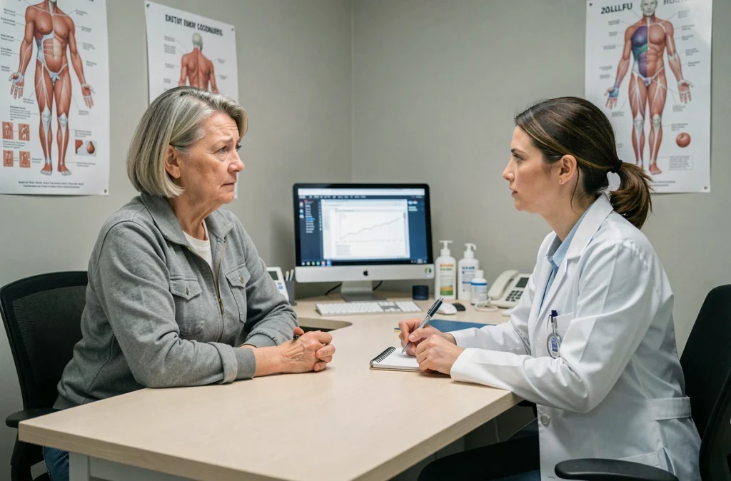 Femme adulte en consultation médicale chez son médecin pour des infections urinaires à répétition