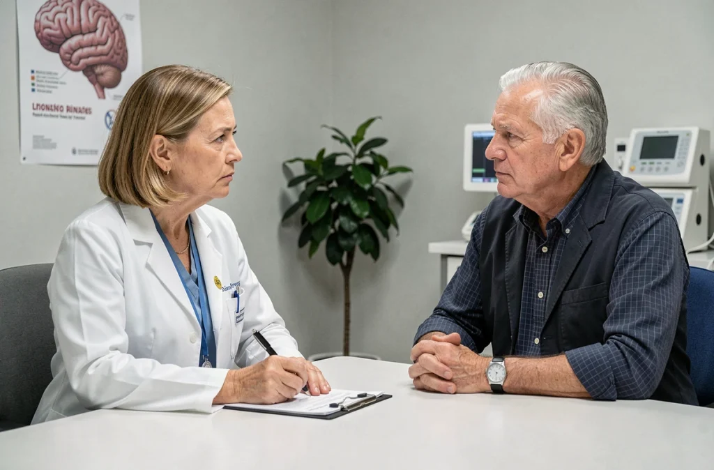 Consultation médicale entre un senior et une neurologue sur les troubles de la mémoire liés au manque de sommeil après 65 ans