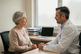 Une patiente en oncologie posant des questions à son médecin lors d'une consultation sur la chimiothérapie