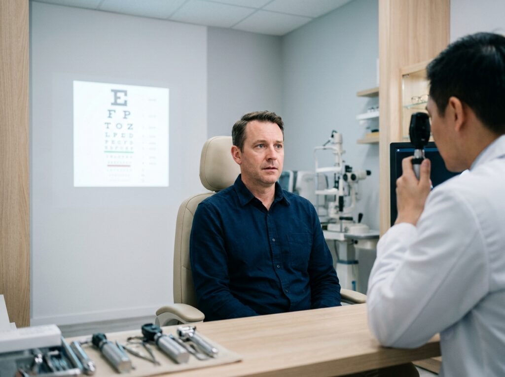 Homme consultant un ophtalmologiste en cabinet médical pour un bilan de la vue, examen ophtalmologique adulte