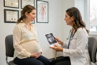 Femme enceinte en consultation prénatale avec sa gynécologue obstétricienne tenant une échographie