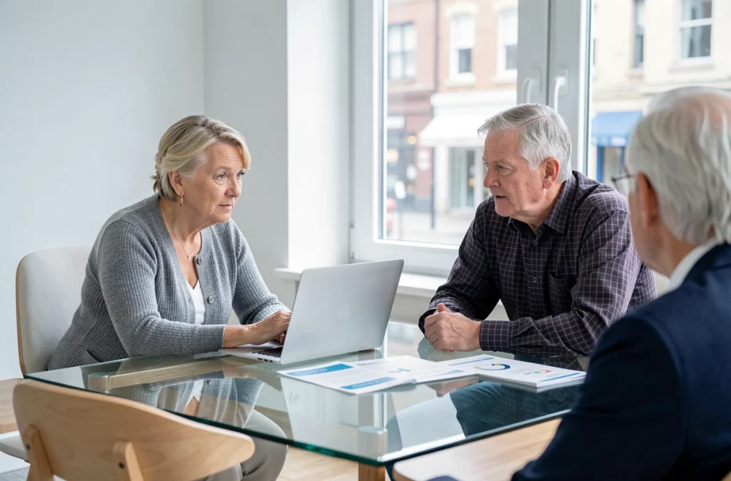 Couple de futurs retraités en consultation avec un conseiller financier pour planifier sereinement leur retraite