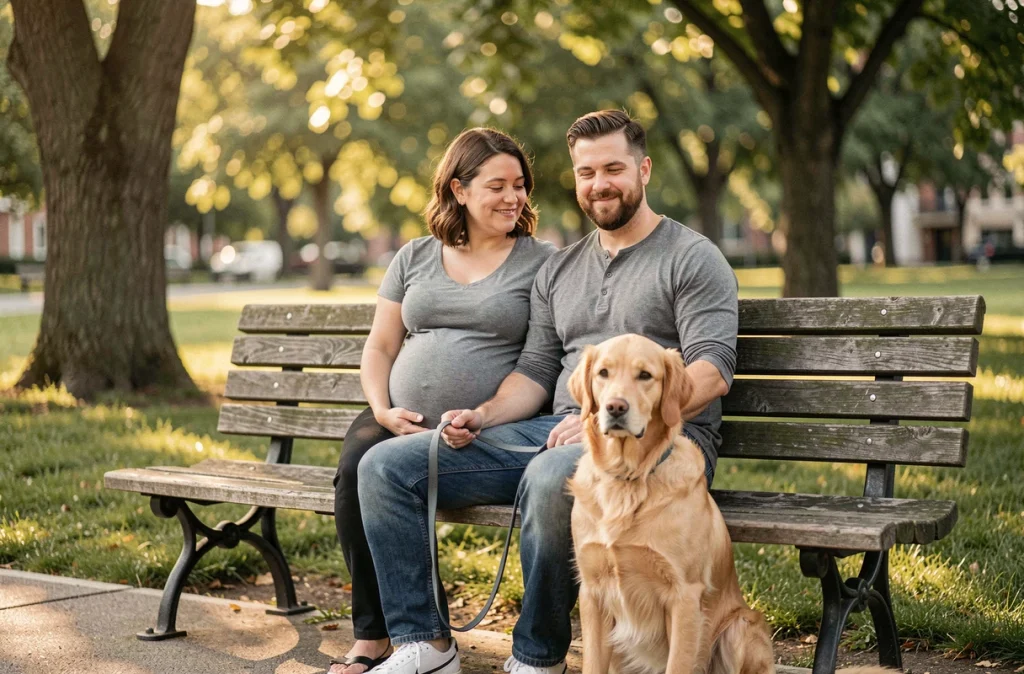 Couple attendant un bébé assis dans un parc avec leur chien golden retriever en laisse, illustrant les précautions à prendre avec les animaux durant la grossesse
