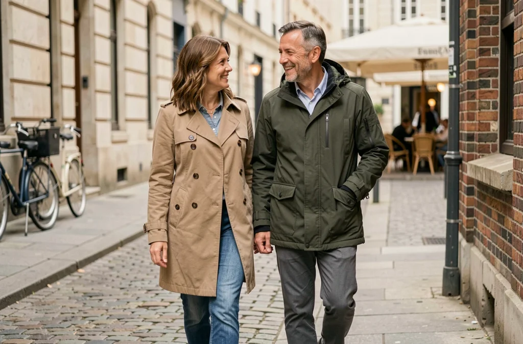 Couple d'âge moyen marchant ensemble sur un trottoir en ville, illustrant la marche quotidienne comme habitude bénéfique pour les articulations