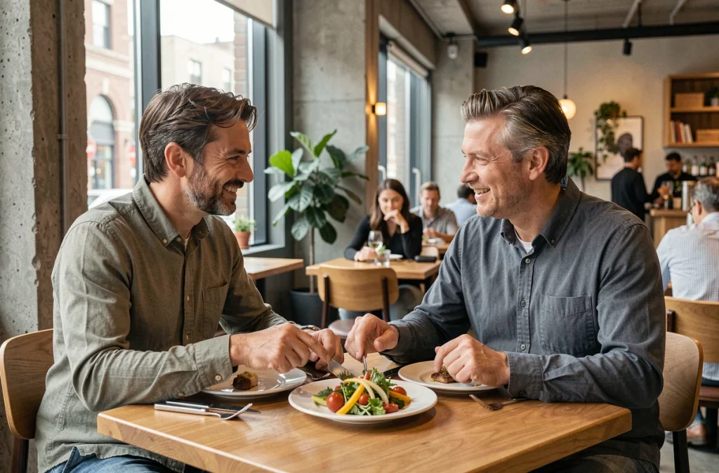 Couple partageant un repas léger au restaurant, astuce pour manger sainement et réduire les calories au restaurant