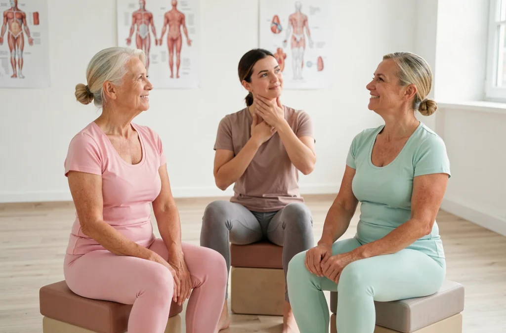 Deux femmes seniors suivant un cours de gymnastique douce guidé par une instructrice dans un studio de physiothérapie