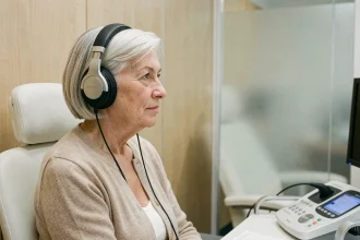 Femme de 72 ans portant un casque audiométrique lors d'un dépistage auditif dans un cabinet d'audiologie moderne