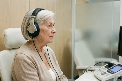 Femme de 72 ans portant un casque audiométrique lors d'un dépistage auditif dans un cabinet d'audiologie moderne
