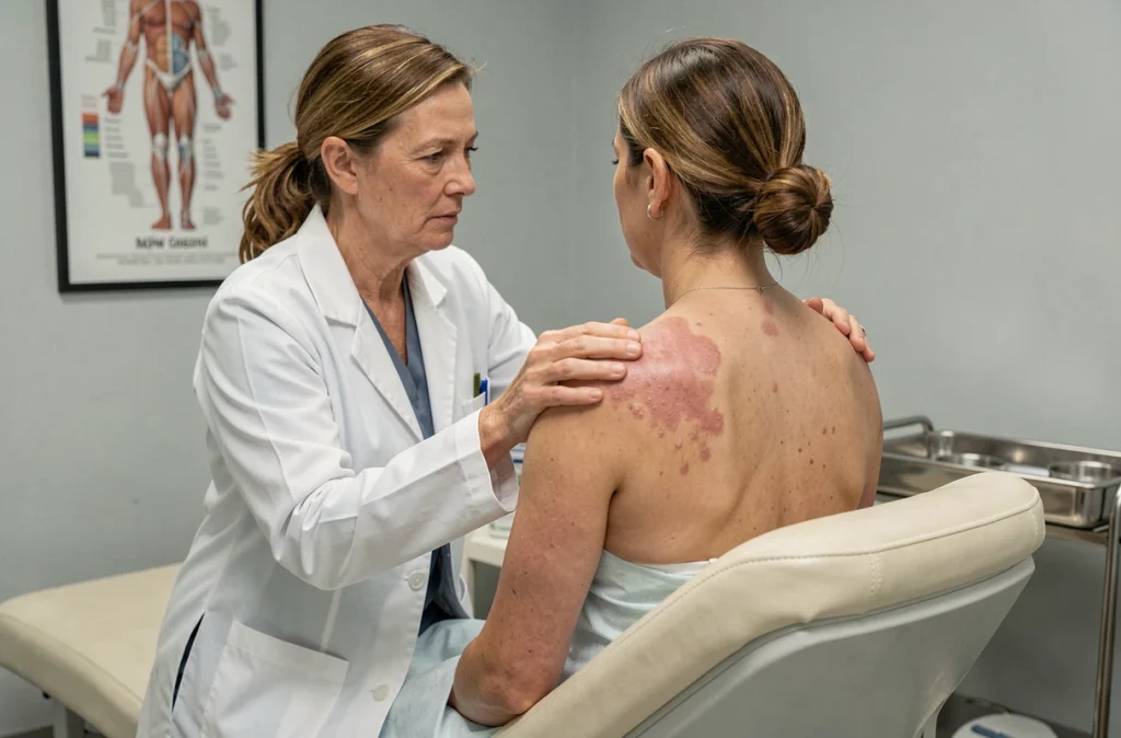 Dermatologue examinant les manifestations cutanées du lupus érythémateux sur le dos d'une patiente en cabinet médical