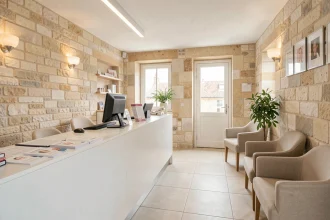 Salle d'attente d'un cabinet de dermatologie dans le Finistère, ambiance professionnelle et accueillante