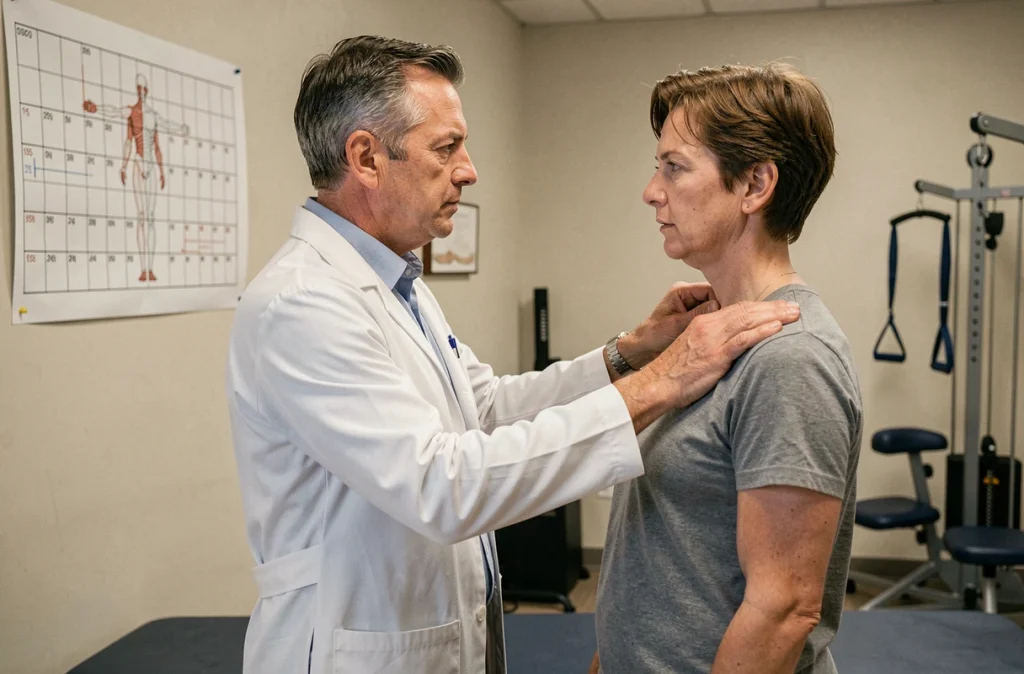 Didier Philipponneau ostéopathe réalisant une évaluation posturale sur un patient debout