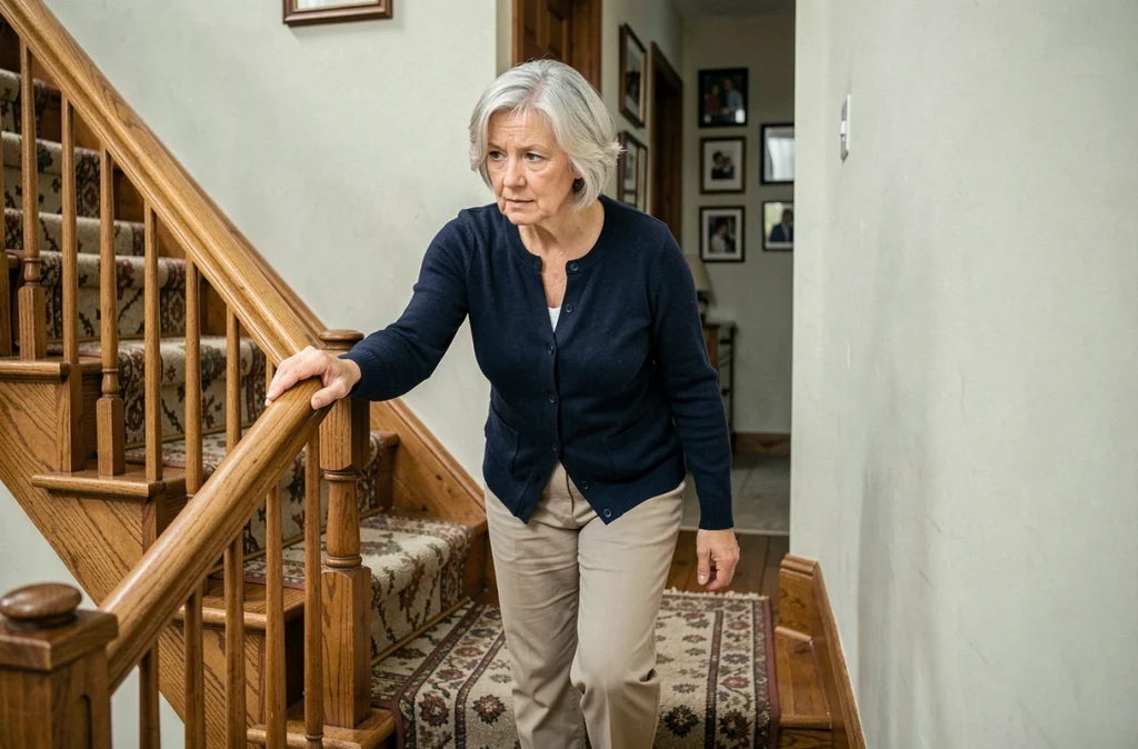 Femme mature s'appuyant sur une rampe d'escalier avec précaution, symbolisant les difficultés motrices associées à la sclérose en plaques