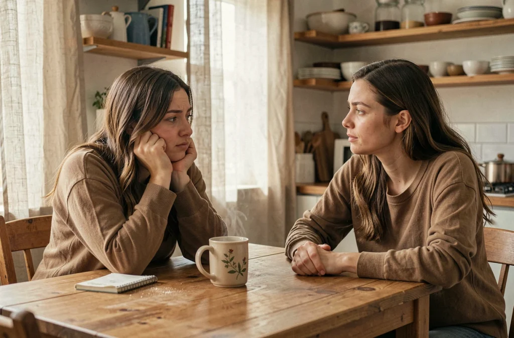 Deux femmes discutant des premiers symptômes de grossesse autour d'une tisane dans une cuisine chaleureuse