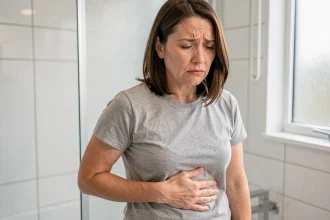 Femme tenant son côté droit douloureux sous les côtes dans une salle de bain moderne