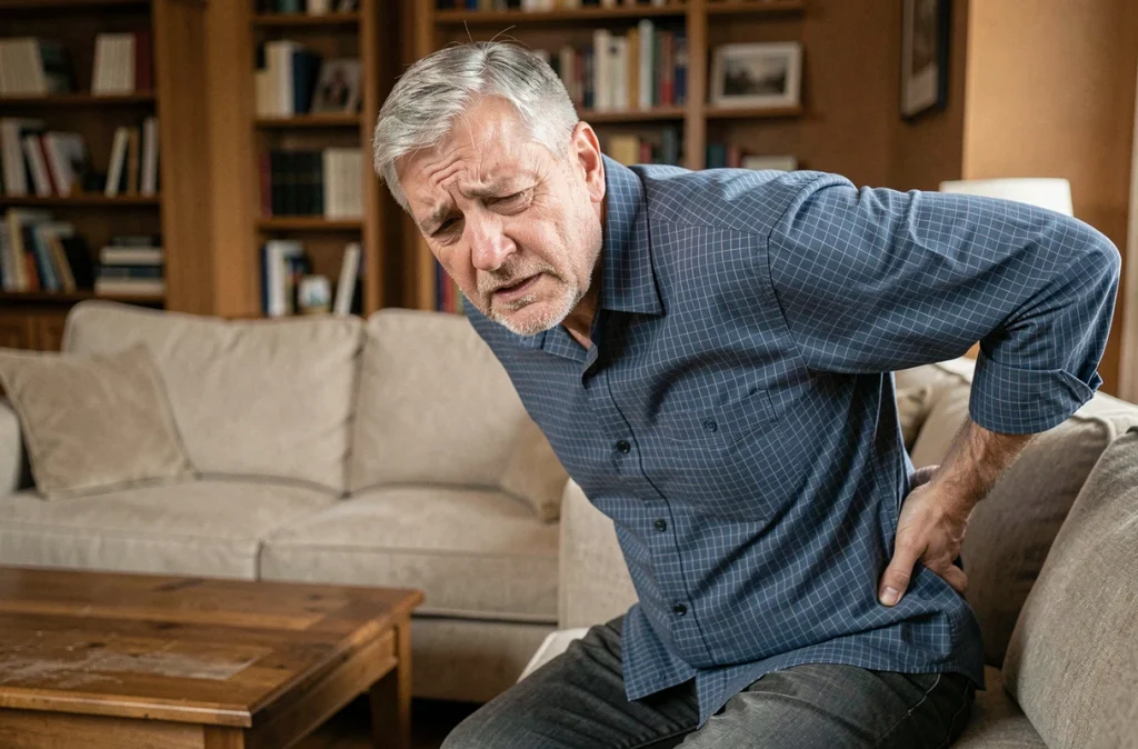 Homme d'âge mûr assis sur un canapé exprimant une douleur au côté droit sous les côtes