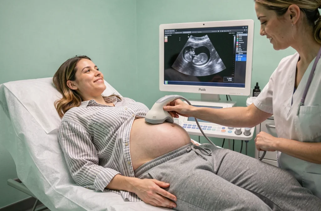 Échographie obstétricale au deuxième trimestre de grossesse avec sage-femme et future maman