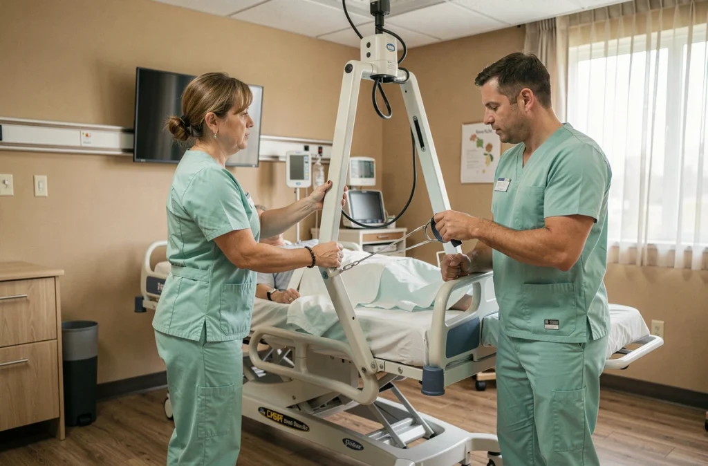 Deux aides-soignants utilisant un lève-patient mécanique pour repositionner un résident, illustrant les bonnes pratiques de prévention des TMS en établissement de soins