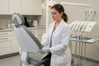 Dentiste ajustant son siège ergonomique dans un cabinet dentaire moderne avant une consultation