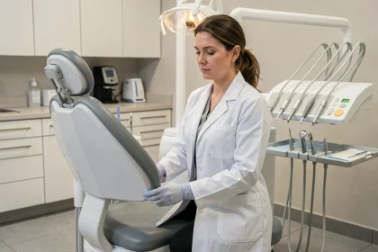 Dentiste ajustant son siège ergonomique dans un cabinet dentaire moderne avant une consultation