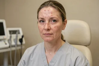 Femme adulte présentant un érythème malaire en papillon caractéristique du lupus érythémateux lors d'une consultation dermatologique