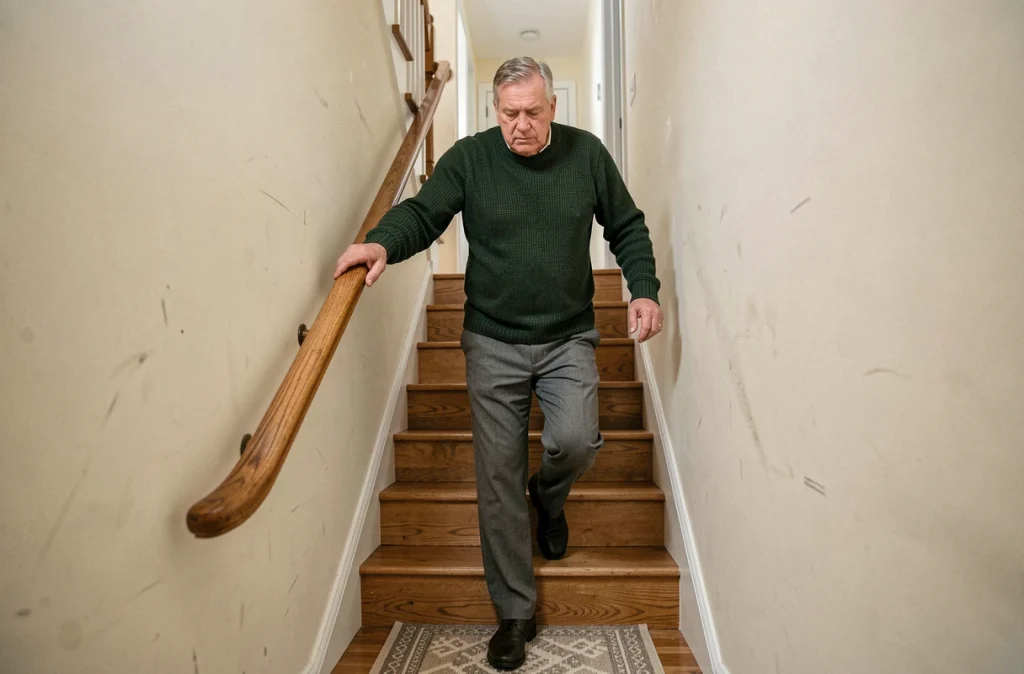 Senior descendant un escalier en toute sécurité grâce à une main courante solide à domicile