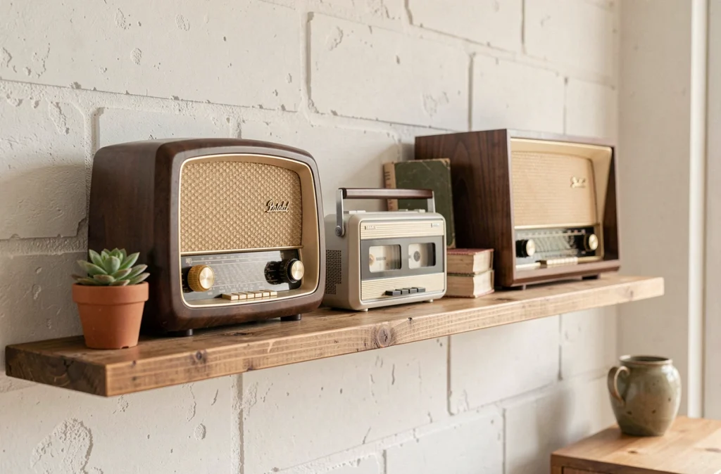 Étagère en bois exposant plusieurs radios vintage de différentes époques comme objets de décoration à conserver