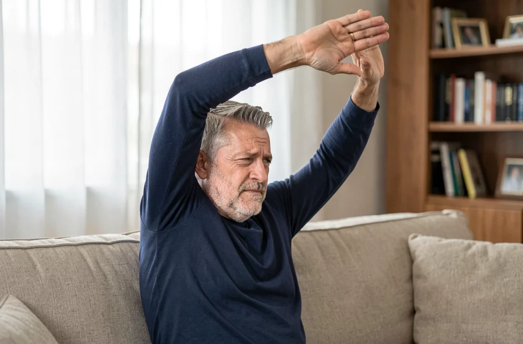 Homme effectuant un étirement du bras pour réduire les fourmillements à domicile